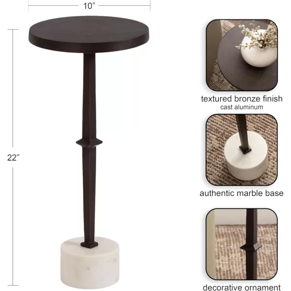 Kate and Laurel Lazaro Modern Cast Aluminum Drink Table 10 x 10 x 22 Bronze and White Marble Glam Round Pedestal Table with Marble Base for Use as Indoor Plant Stand or Small Living Room End Table