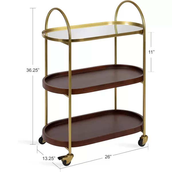 Kate and Laurel Maxfield Midcentury Modern Rolling Bar Cart 26 x 13 x 36 Walnut and Gold Decorative Glamorous Wood and Mirrored Kitchen Storage Cart with Wheels