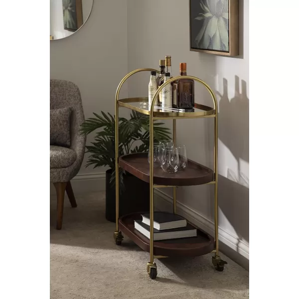 Kate and Laurel Maxfield Midcentury Modern Rolling Bar Cart 26 x 13 x 36 Walnut and Gold Decorative Glamorous Wood and Mirrored Kitchen Storage Cart with Wheels