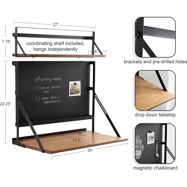 Kate and Laurel McAllister Modern Functional Floating Desk with Versatile Folding Shelf and Magnetic Chalkboard for Home Office or Homework Station 27x18x30 Rustic BrownBlack