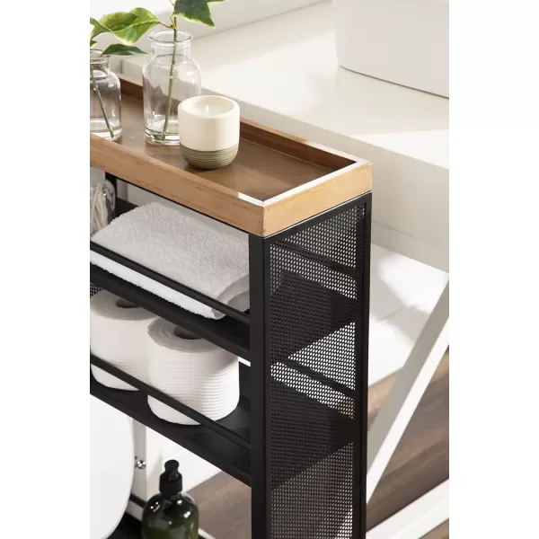 Kate and Laurel Piazza Decorative Slim Storage Cart 18 x 7 x 30 Natural Wood and Black Decorative Narrow Rolling Cart with Locking Wheels and Three Storage Shelves for Kitchen or Laundry RoomNaturalBlack