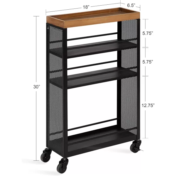 Kate and Laurel Piazza Decorative Slim Storage Cart 18 x 7 x 30 Natural Wood and Black Decorative Narrow Rolling Cart with Locking Wheels and Three Storage Shelves for Kitchen or Laundry RoomNaturalBlack