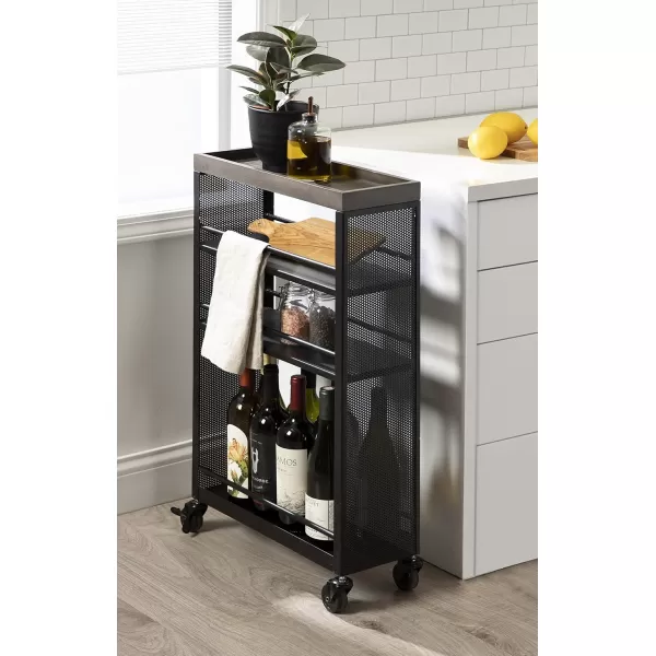 Kate and Laurel Piazza Decorative Slim Storage Cart 18 x 7 x 30 Natural Wood and Black Decorative Narrow Rolling Cart with Locking Wheels and Three Storage Shelves for Kitchen or Laundry RoomGrayBlack
