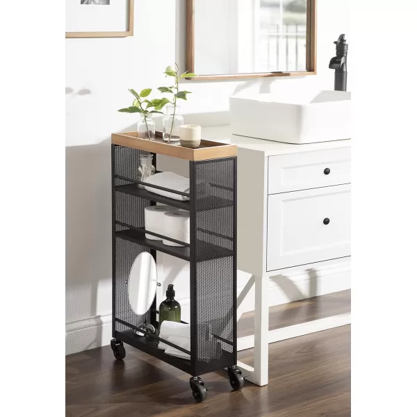 Kate and Laurel Piazza Decorative Slim Storage Cart 18 x 7 x 30 Natural Wood and Black Decorative Narrow Rolling Cart with Locking Wheels and Three Storage Shelves for Kitchen or Laundry RoomNaturalBlack