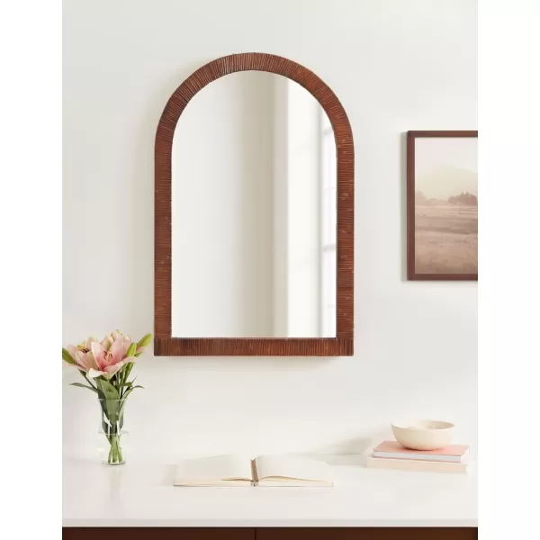 Kate and Laurel Rahfy Boho Arched Rattan Mirror 20 x 30 Brown Decorative Arch Wall Mirror with Authentic Rattan Frame for Vanity Bathroom MirrorBrown