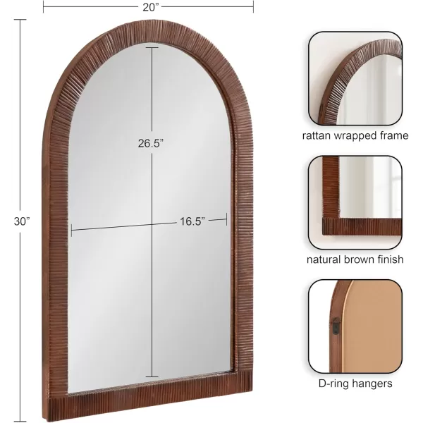 Kate and Laurel Rahfy Boho Arched Rattan Mirror 20 x 30 Brown Decorative Arch Wall Mirror with Authentic Rattan Frame for Vanity Bathroom MirrorBrown