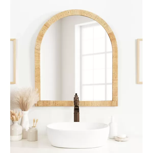 Kate and Laurel Rahfy Boho Arched Rattan Mirror 20 x 30 Brown Decorative Arch Wall Mirror with Authentic Rattan Frame for Vanity Bathroom MirrorNatural