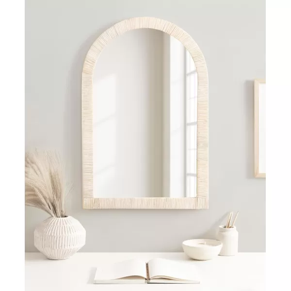 Kate and Laurel Rahfy Boho Arched Rattan Mirror 20 x 30 Brown Decorative Arch Wall Mirror with Authentic Rattan Frame for Vanity Bathroom MirrorWhite