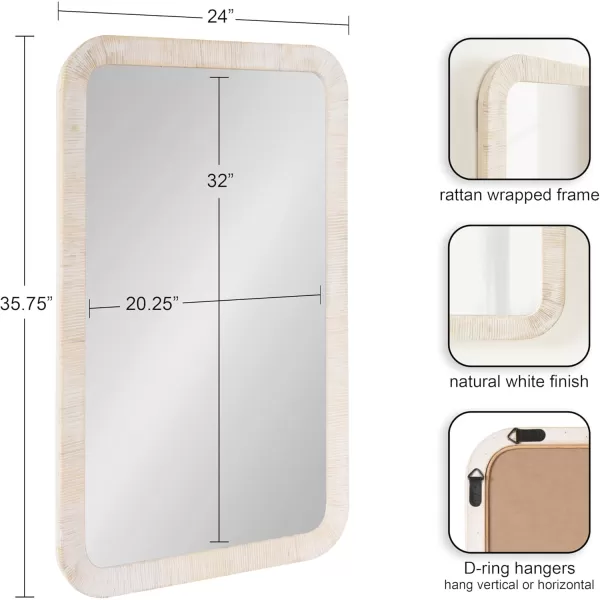 Kate and Laurel Rahfy Boho Rectangle Rattan Wall Mirror 24 x 36 Natural Wood Decorative Rounded Rectangular Mirror with Authentic Rattan Frame for Bathroom Vanity MirrorNatural