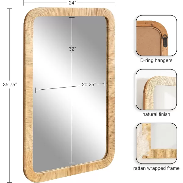 Kate and Laurel Rahfy Boho Rectangle Rattan Wall Mirror 24 x 36 Natural Wood Decorative Rounded Rectangular Mirror with Authentic Rattan Frame for Bathroom Vanity MirrorNatural