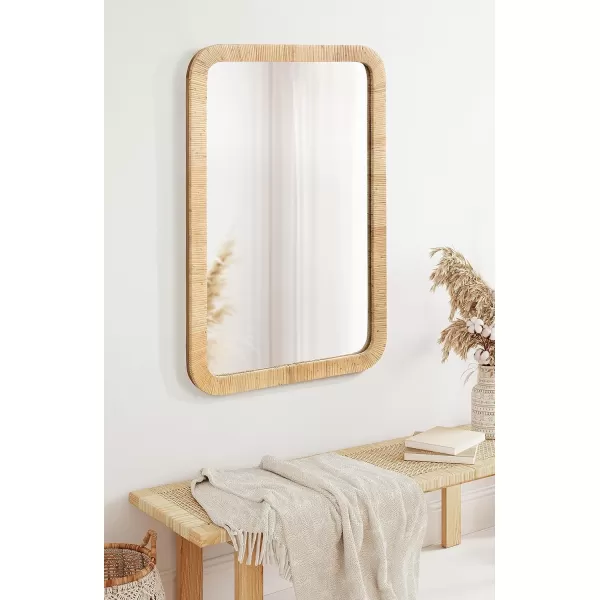 Kate and Laurel Rahfy Boho Rectangle Rattan Wall Mirror 24 x 36 Natural Wood Decorative Rounded Rectangular Mirror with Authentic Rattan Frame for Bathroom Vanity MirrorNatural