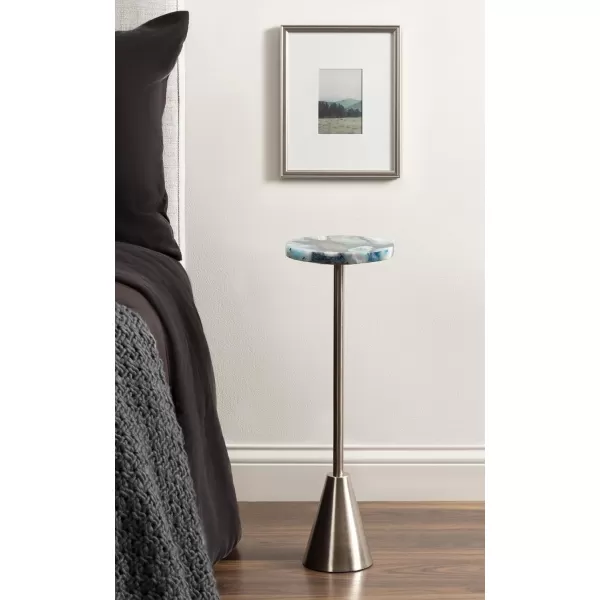 Kate and Laurel Sitara Modern Coastal Round Drink Table 8 x 8 x 23 Blue Agate and Silver Unique Circle Stone Mini Table for Use as Bathroom Accent Table or Pedestal Martini TablSilver
