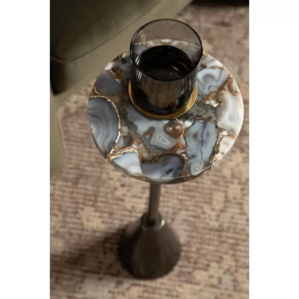 Kate and Laurel Sitara Modern Coastal Round Drink Table 8 x 8 x 23 Blue Agate and Silver Unique Circle Stone Mini Table for Use as Bathroom Accent Table or Pedestal Martini TablPewter