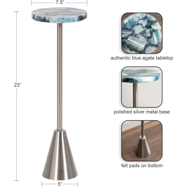 Kate and Laurel Sitara Modern Coastal Round Drink Table 8 x 8 x 23 Blue Agate and Silver Unique Circle Stone Mini Table for Use as Bathroom Accent Table or Pedestal Martini TablSilver