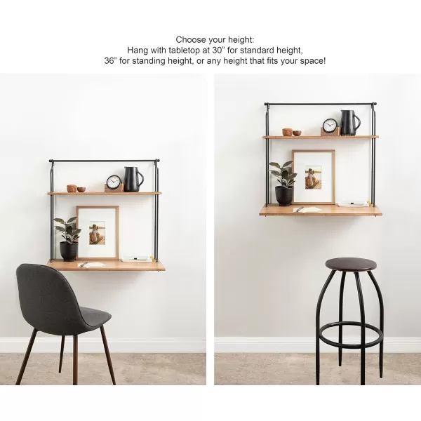 Kate and Laurel Walters Modern Farmhouse Wood and Metal Floating Desk 31 x 30 x 14 Rustic Brown and Black Functional Mounted Wall Desk with Folding DropLeaf Desktop Design