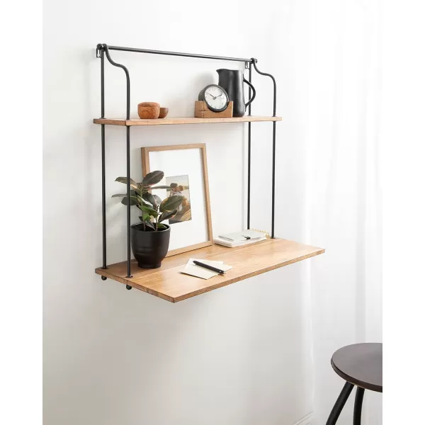 Kate and Laurel Walters Modern Farmhouse Wood and Metal Floating Desk 31 x 30 x 14 Rustic Brown and Black Functional Mounted Wall Desk with Folding DropLeaf Desktop Design