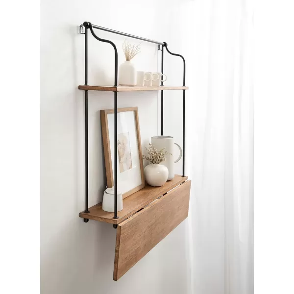Kate and Laurel Walters Modern Farmhouse Wood and Metal Floating Desk 31 x 30 x 14 Rustic Brown and Black Functional Mounted Wall Desk with Folding DropLeaf Desktop Design