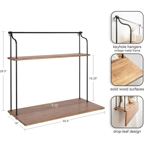 Kate and Laurel Walters Modern Farmhouse Wood and Metal Floating Desk 31 x 30 x 14 Rustic Brown and Black Functional Mounted Wall Desk with Folding DropLeaf Desktop Design