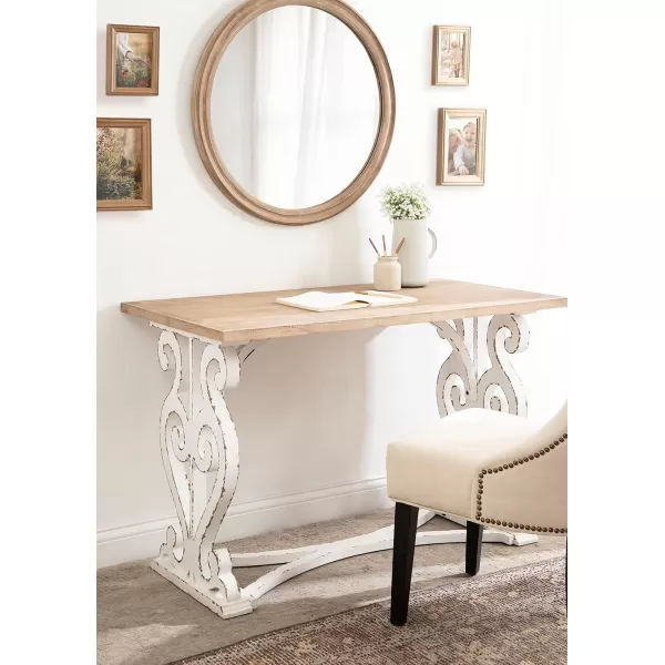 Kate and Laurel Wyldwood Farmhouse Wooden Desk 46 x 24 x 30 Brown and White Rustic Carved Wood Computer Desk for Functional and Stylish Home Office Decor