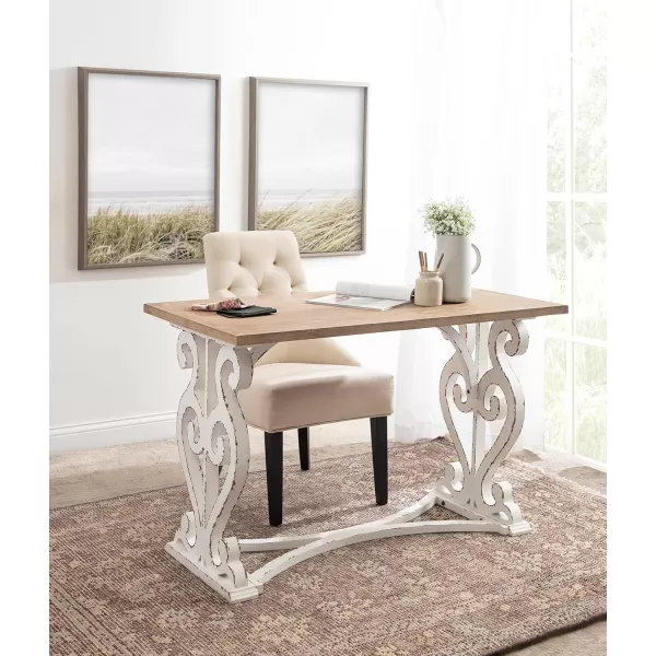 Kate and Laurel Wyldwood Farmhouse Wooden Desk 46 x 24 x 30 Brown and White Rustic Carved Wood Computer Desk for Functional and Stylish Home Office Decor