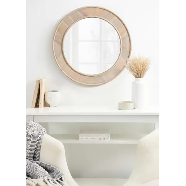 imageKate and Laurel Yahna Pieced Wood Round Wall Mirror 28 Inch Diameter Natural Brown Transitional Decorative Circle Bathroom Mirror with Solid Mango Wood FrameWhite