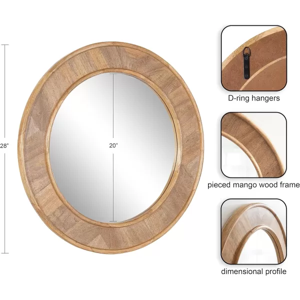 imageKate and Laurel Yahna Pieced Wood Round Wall Mirror 28 Inch Diameter Natural Brown Transitional Decorative Circle Bathroom Mirror with Solid Mango Wood FrameNatural