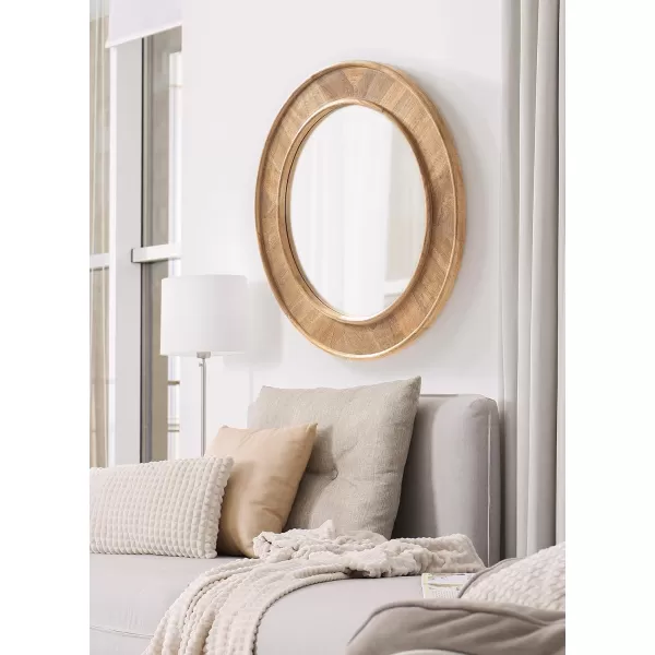 imageKate and Laurel Yahna Pieced Wood Round Wall Mirror 28 Inch Diameter Natural Brown Transitional Decorative Circle Bathroom Mirror with Solid Mango Wood FrameNatural