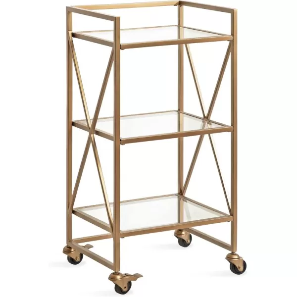 Kate and Laurel Blex Glam Metal and Glass Rolling Bar Cart 16 x 13 x 32 Gold Decorative Three Tier Rolling Cart with Locking Wheels and Glass ShelvingGold
