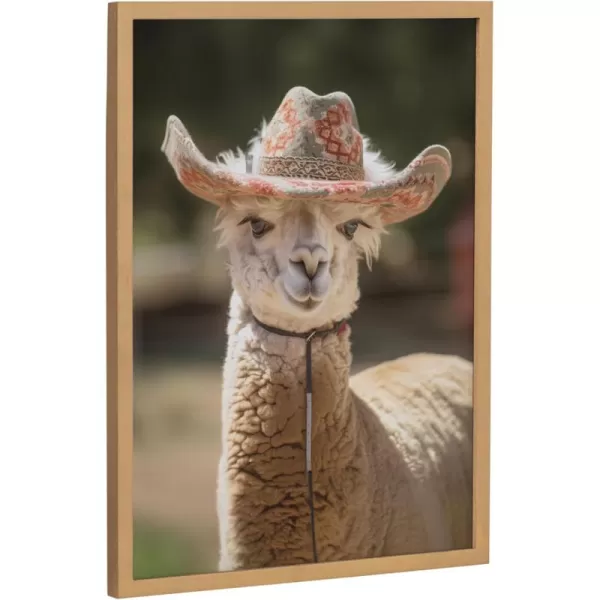 Kate and Laurel Boho Llama Alpaca Wearing A Western Cowgirl Hat Framed Wall Art by The Creative Bunch Studio 12x16 Gold Cute Llama Art for Wall