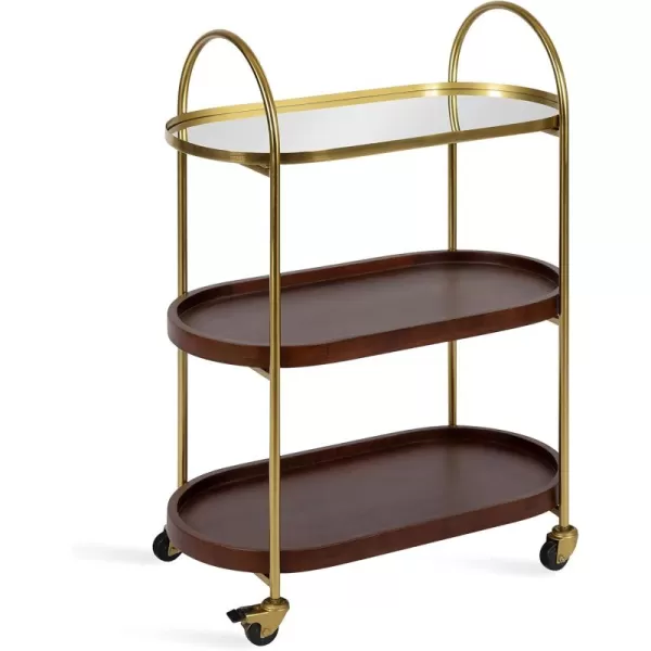 Kate and Laurel Maxfield Midcentury Modern Rolling Bar Cart 26 x 13 x 36 Walnut and Gold Decorative Glamorous Wood and Mirrored Kitchen Storage Cart with Wheels