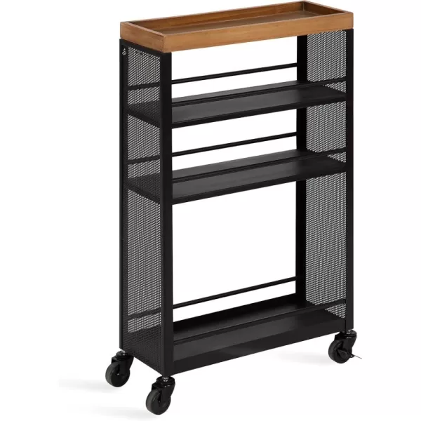 Kate and Laurel Piazza Decorative Slim Storage Cart 18 x 7 x 30 Natural Wood and Black Decorative Narrow Rolling Cart with Locking Wheels and Three Storage Shelves for Kitchen or Laundry RoomNaturalBlack