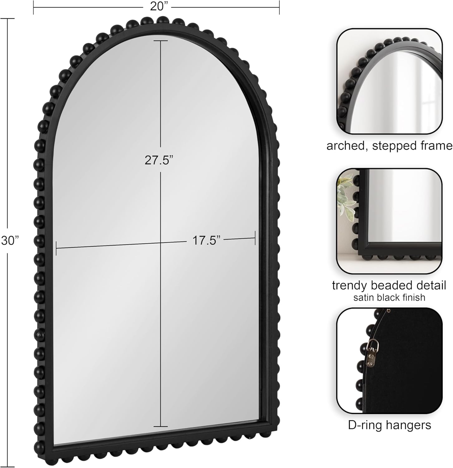 imageKate and Laurel Beadbrook Modern Beaded Arched Mirror 20 x 30 Black Transitional Arch Wall Mirror for Use as Bathroom Mirror or Entryway Mirror DecorBlack