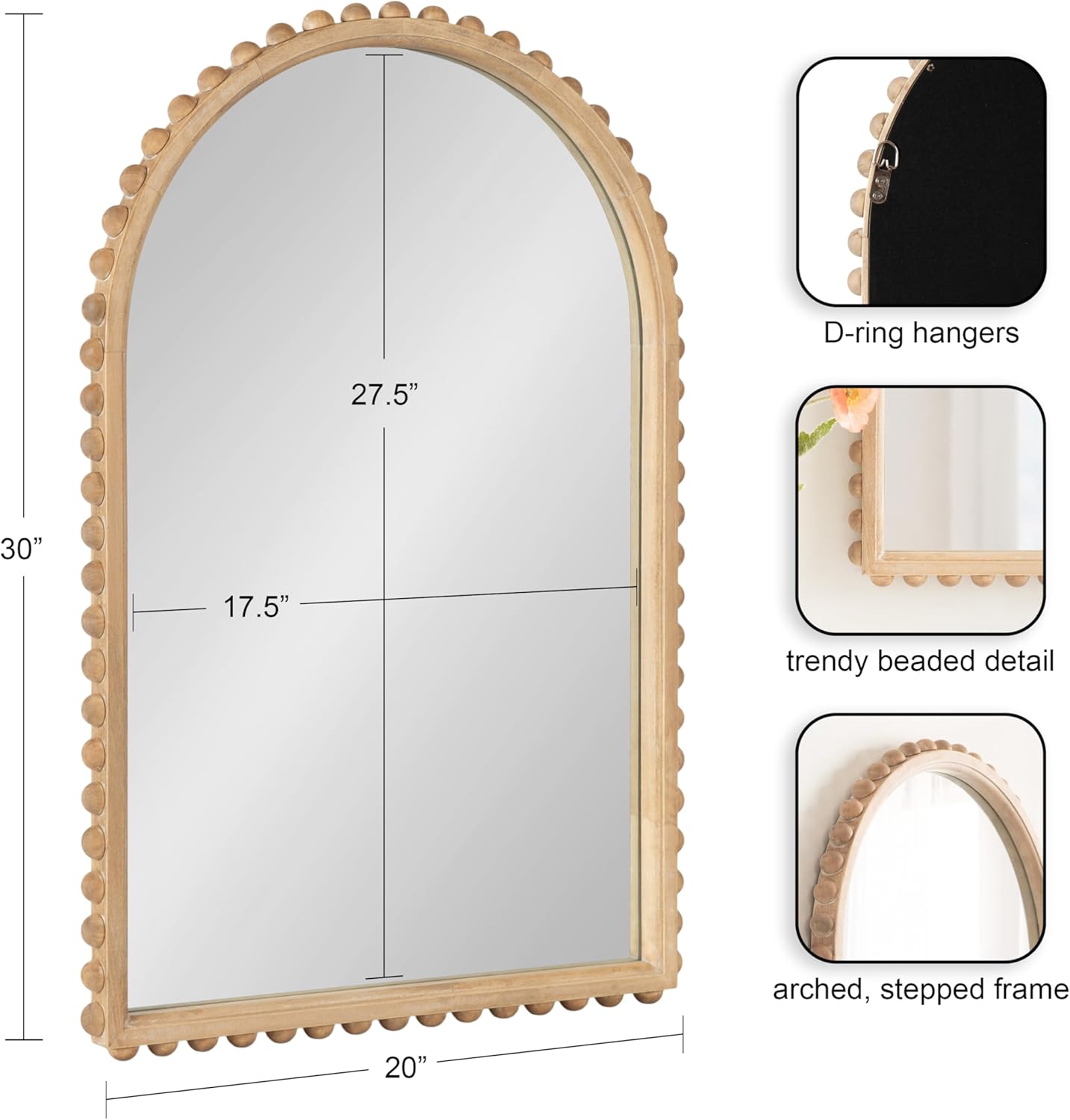 imageKate and Laurel Beadbrook Modern Beaded Arched Mirror 20 x 30 Black Transitional Arch Wall Mirror for Use as Bathroom Mirror or Entryway Mirror DecorNatural