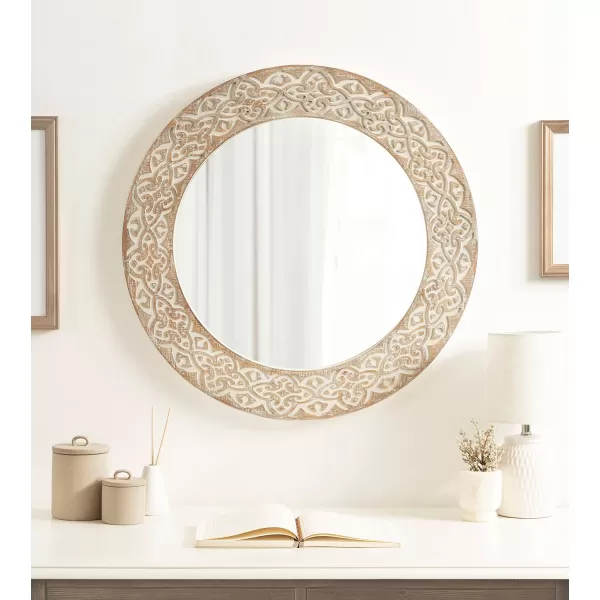 imageKate and Laurel Engrahm Rustic Engraved Wooden Round Mirror 26 Inch Diameter Rustic Brown and White Modern Farmhouse Distressed Circle Mirror for Use as Bathroom Mirror for Over Sink