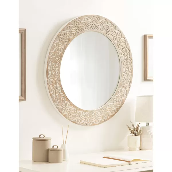 imageKate and Laurel Engrahm Rustic Engraved Wooden Round Mirror 26 Inch Diameter Rustic Brown and White Modern Farmhouse Distressed Circle Mirror for Use as Bathroom Mirror for Over Sink