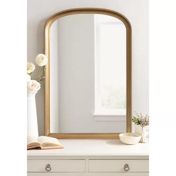 imageKate and Laurel Hatherleigh Modern Arched Wooden Wall Mirror 24 x 36 Gold Decorative Wood Basket Arch Mirror for Use in Bathroom Entryway or BedroomGold