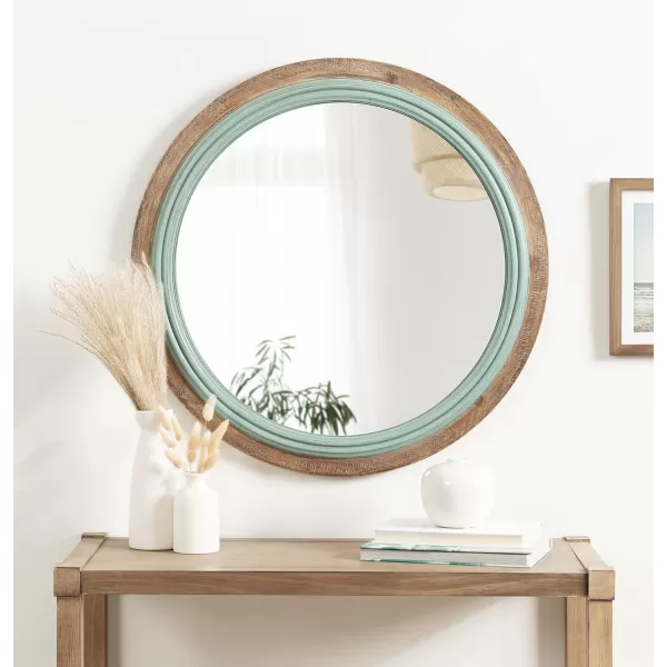 imageKate and Laurel Palmer Rustic Farmhouse Round Wooden Mirror 26 Inch Diameter Blue and Rustic Brown Modern Circle Decorative Wall Mirror with Paint Distressing