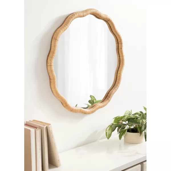 imageKate and Laurel Rahfy Boho Scalloped Round Rattan Mirror 26 Inch Diameter Natural Wood Decorative Round Wavy Mirror with Authentic Rattan Frame for Boho Wall Decor