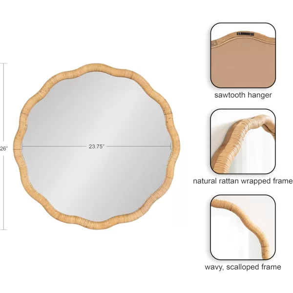 imageKate and Laurel Rahfy Boho Scalloped Round Rattan Mirror 26 Inch Diameter Natural Wood Decorative Round Wavy Mirror with Authentic Rattan Frame for Boho Wall Decor