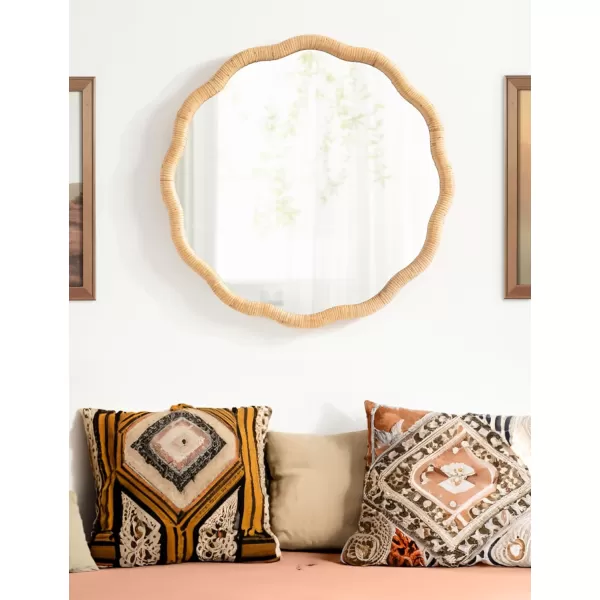 imageKate and Laurel Rahfy Boho Scalloped Round Rattan Mirror 26 Inch Diameter Natural Wood Decorative Round Wavy Mirror with Authentic Rattan Frame for Boho Wall Decor