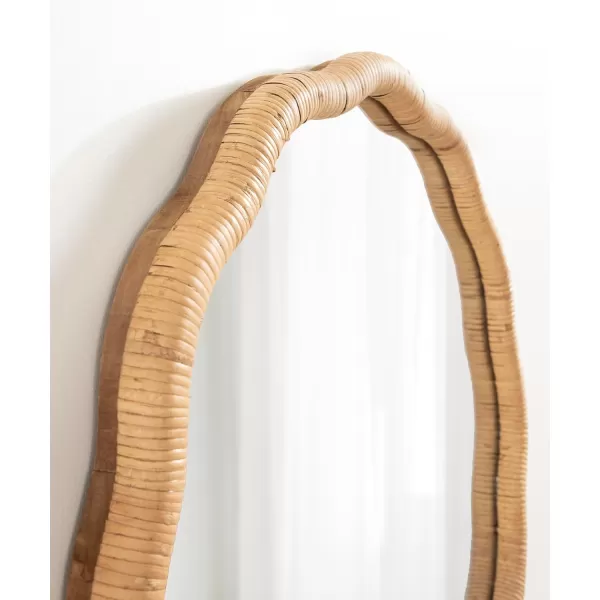 imageKate and Laurel Rahfy Boho Scalloped Round Rattan Mirror 26 Inch Diameter Natural Wood Decorative Round Wavy Mirror with Authentic Rattan Frame for Boho Wall Decor