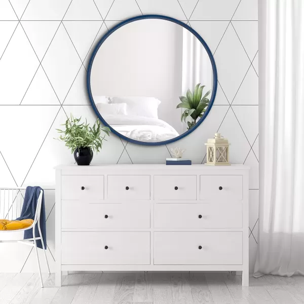 imageKate and Laurel Travis Round Wood Wall Mirror 315quot Diameter White Modern Wall Dcor AccentNavy Blue