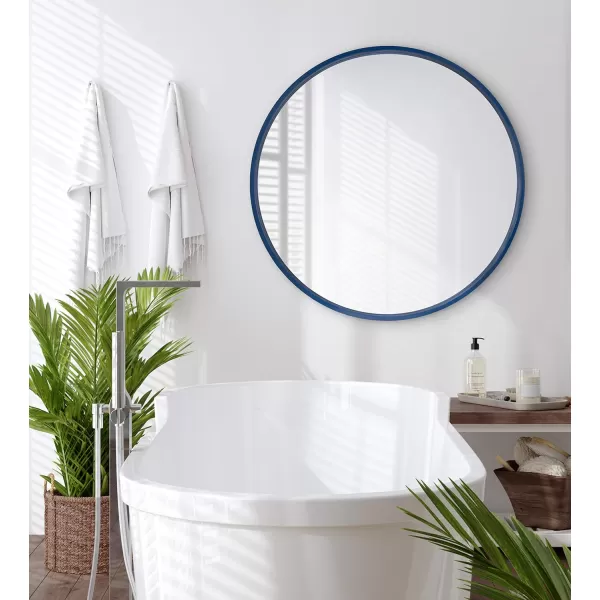 imageKate and Laurel Travis Round Wood Wall Mirror 315quot Diameter White Modern Wall Dcor AccentNavy Blue