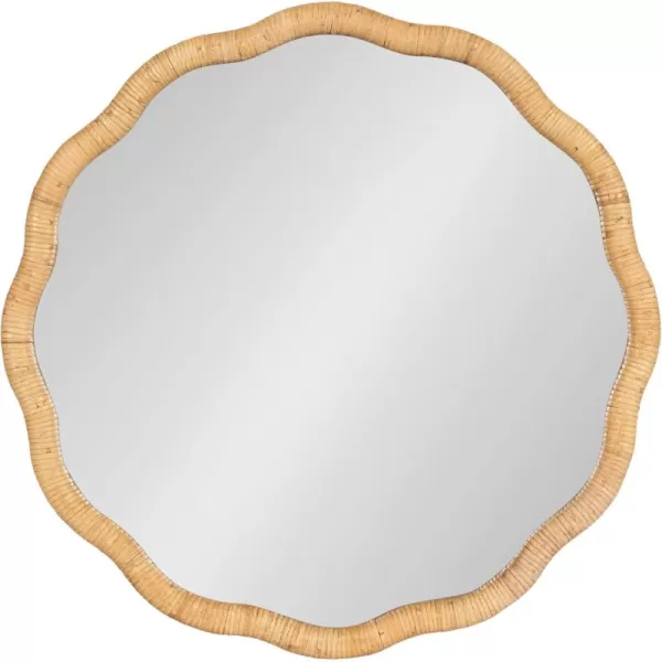 imageKate and Laurel Rahfy Boho Scalloped Round Rattan Mirror 26 Inch Diameter Natural Wood Decorative Round Wavy Mirror with Authentic Rattan Frame for Boho Wall Decor