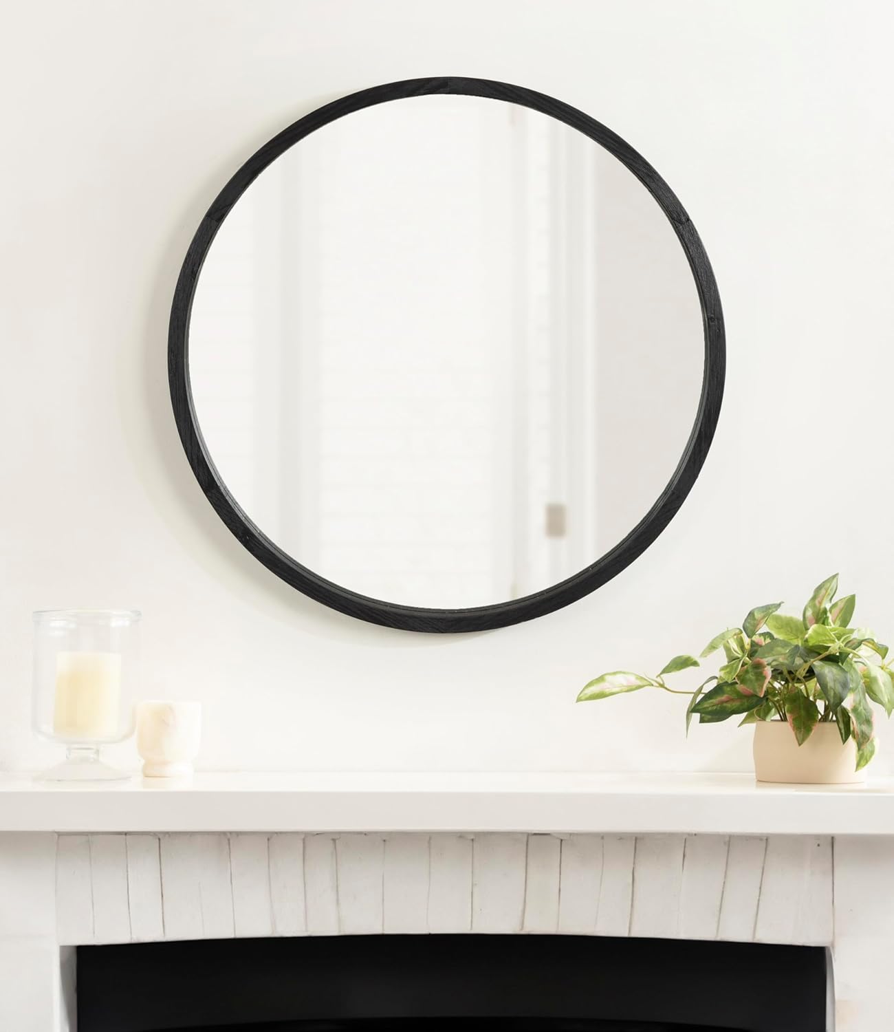 imageKate and Laurel Occonor Vintage Wooden Round Mirror 28 Inch Diameter Natural Brown Rustic Farmhouse Circle Wall Mirror with Geometric Shape and Lightly Distressed FinishBlack