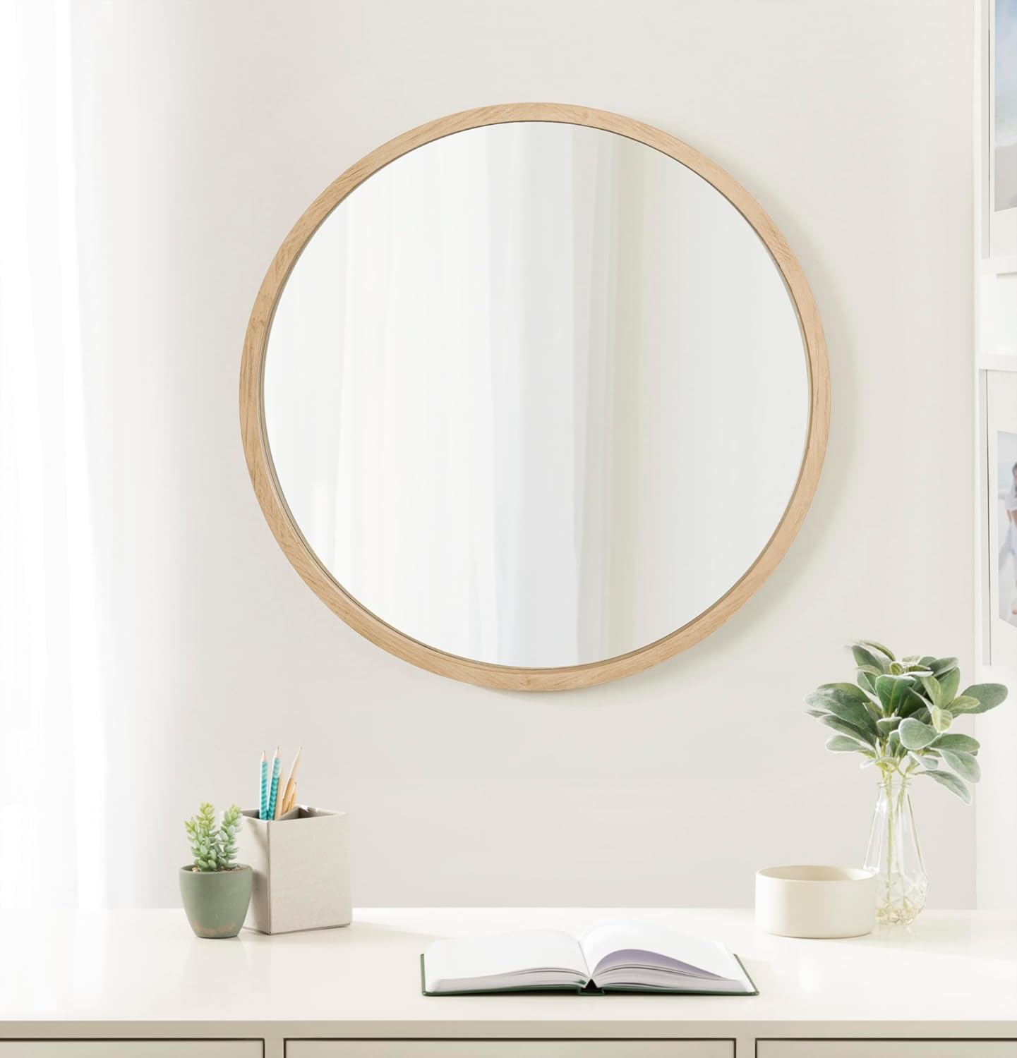 imageKate and Laurel Occonor Vintage Wooden Round Mirror 28 Inch Diameter Natural Brown Rustic Farmhouse Circle Wall Mirror with Geometric Shape and Lightly Distressed FinishNatural
