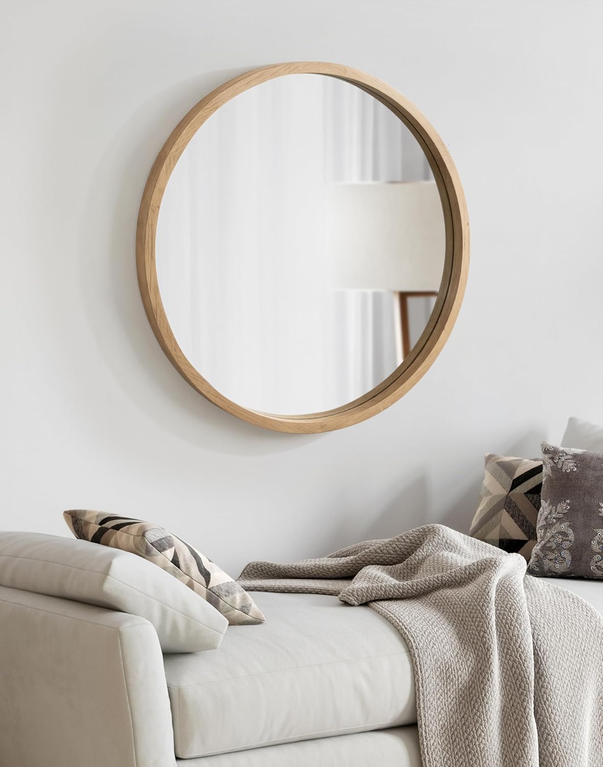 imageKate and Laurel Occonor Vintage Wooden Round Mirror 28 Inch Diameter Natural Brown Rustic Farmhouse Circle Wall Mirror with Geometric Shape and Lightly Distressed FinishNatural