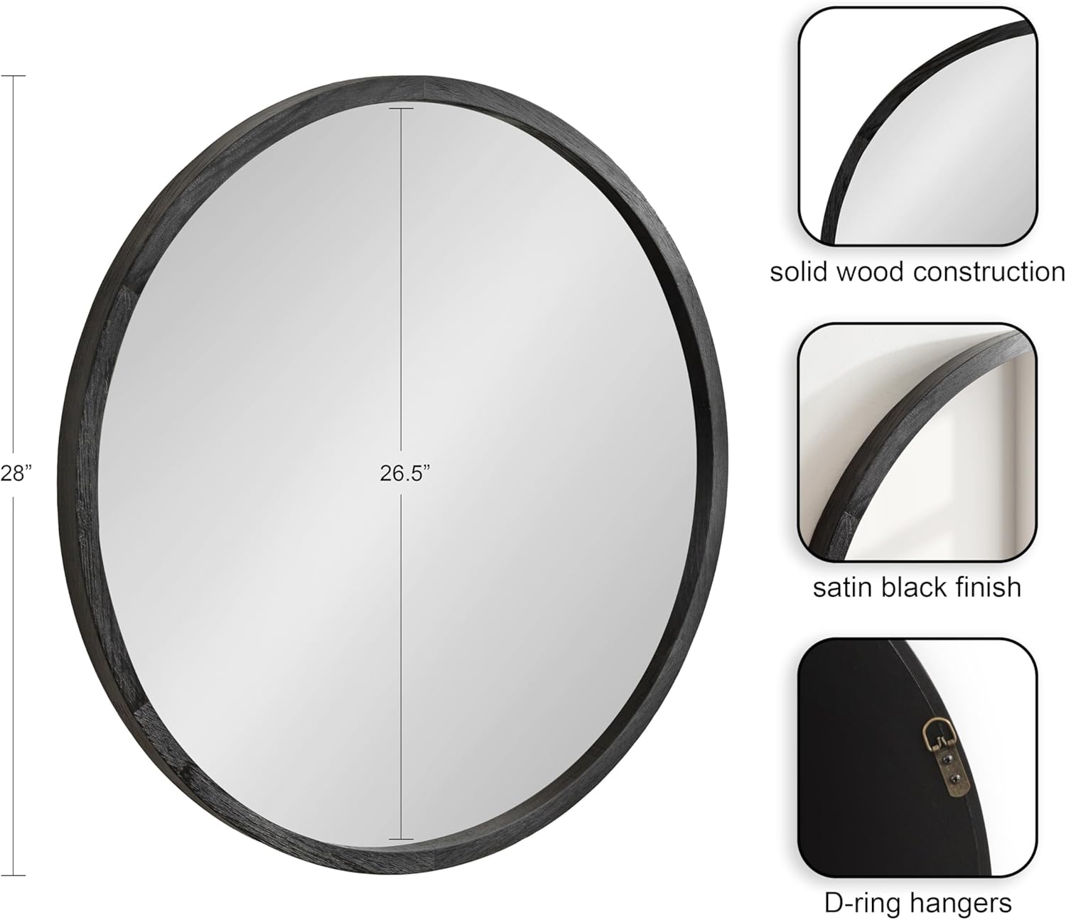 imageKate and Laurel Occonor Vintage Wooden Round Mirror 28 Inch Diameter Natural Brown Rustic Farmhouse Circle Wall Mirror with Geometric Shape and Lightly Distressed FinishBlack