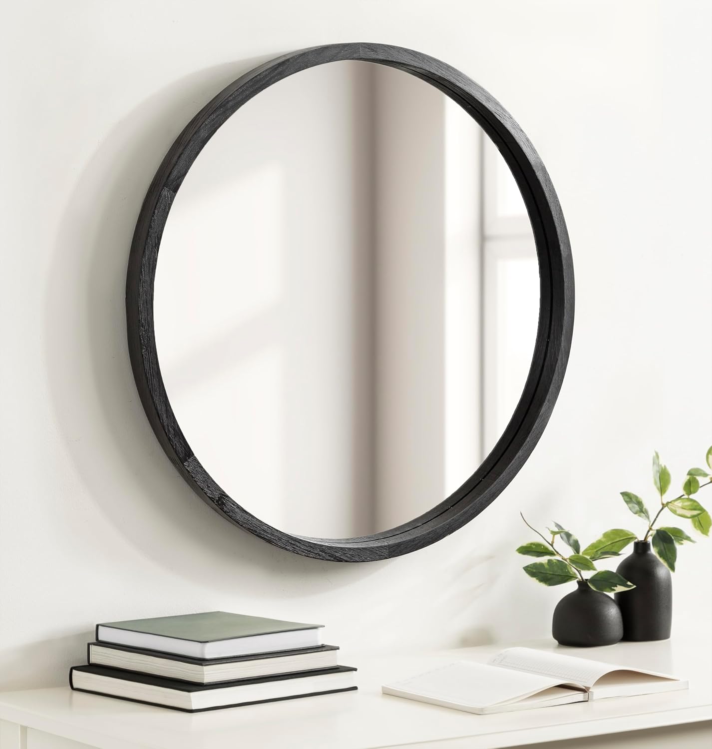 imageKate and Laurel Occonor Vintage Wooden Round Mirror 28 Inch Diameter Natural Brown Rustic Farmhouse Circle Wall Mirror with Geometric Shape and Lightly Distressed FinishBlack