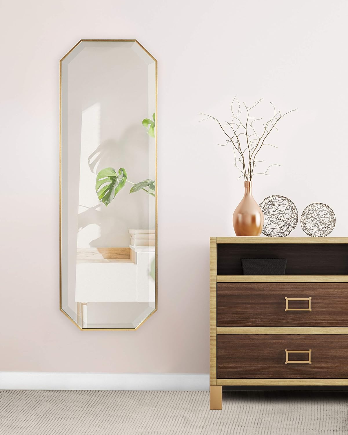 imageKate and Laurel Rhodes Modern Full Length Framed Octagon Wall Mirror 16 x 48 Gold Decorative Glam Geometric Wall AccentGold